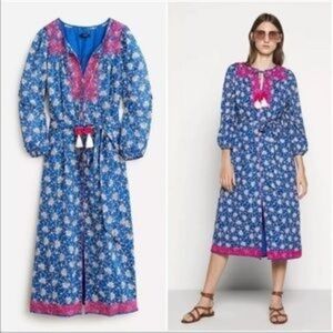 J. Crew Blue Cotton Floral Pink Embroidered Tassel V Neck Midi Dress XS